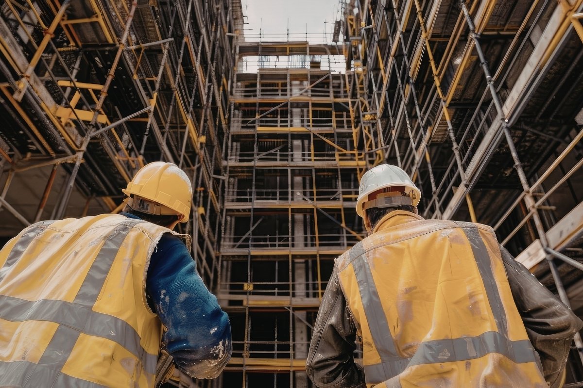 Munkavédelmi felszerelést viselő szakemberek állványzat előtt – biztonsági ellenőrzés magasban